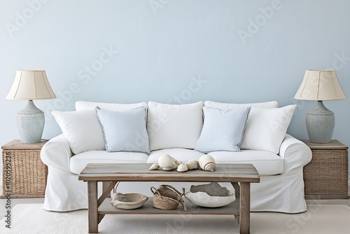 A Beach-themed Living Room With Light Blue Walls, White Slipcovered Furniture, a Driftwood Coffee Table, and Nautical Decor Like Shells and Rope Accents, 3d Render Real Room Template, Wall Mockup