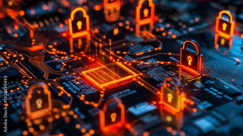 Close-up of a Circuit Board with Glowing Padlocks Close-up of a Circuit Board with Glowing Padlocks