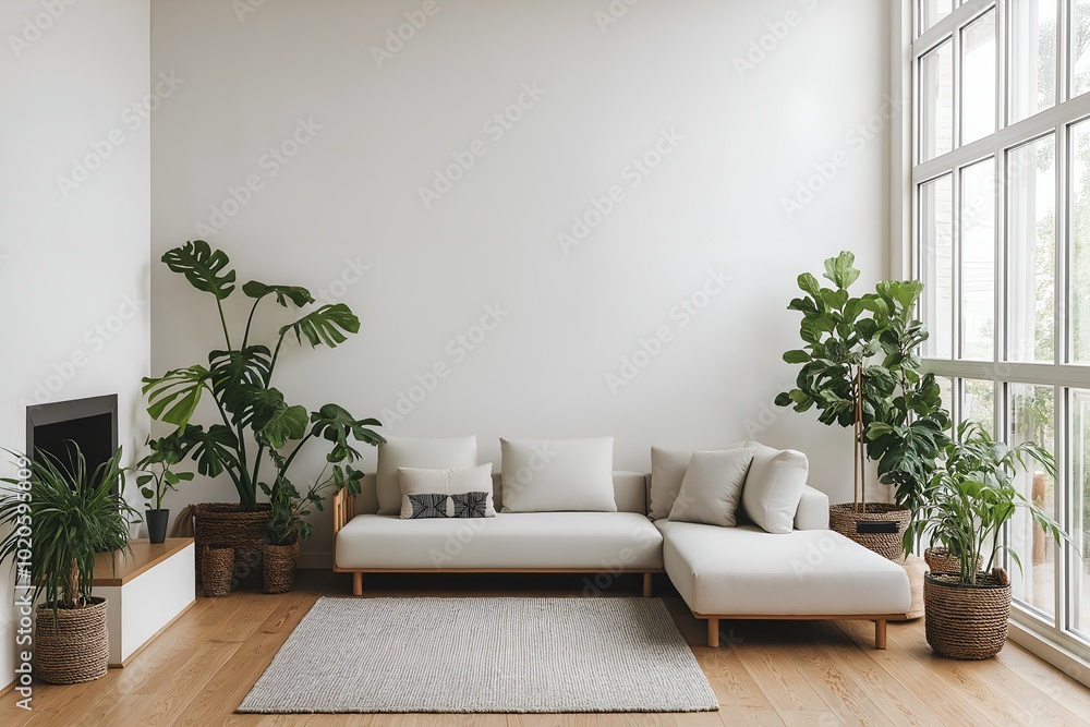 A Cozy Living Room With a Scandinavian Design, Featuring Light Wood Floors, a White Sectional Sofa, a Soft Gray Rug, and Plants in Sleek Ceramic Pots, 3d Render Real Room Template, Wall Mockup A Cozy Living Room With a Scandinavian Design, Featuring Light Wood Floors, a White Sectional Sofa, a Soft Gray Rug, and Plants in Sleek Ceramic Pots, 3d Render Real Room Template, Wall Mockup