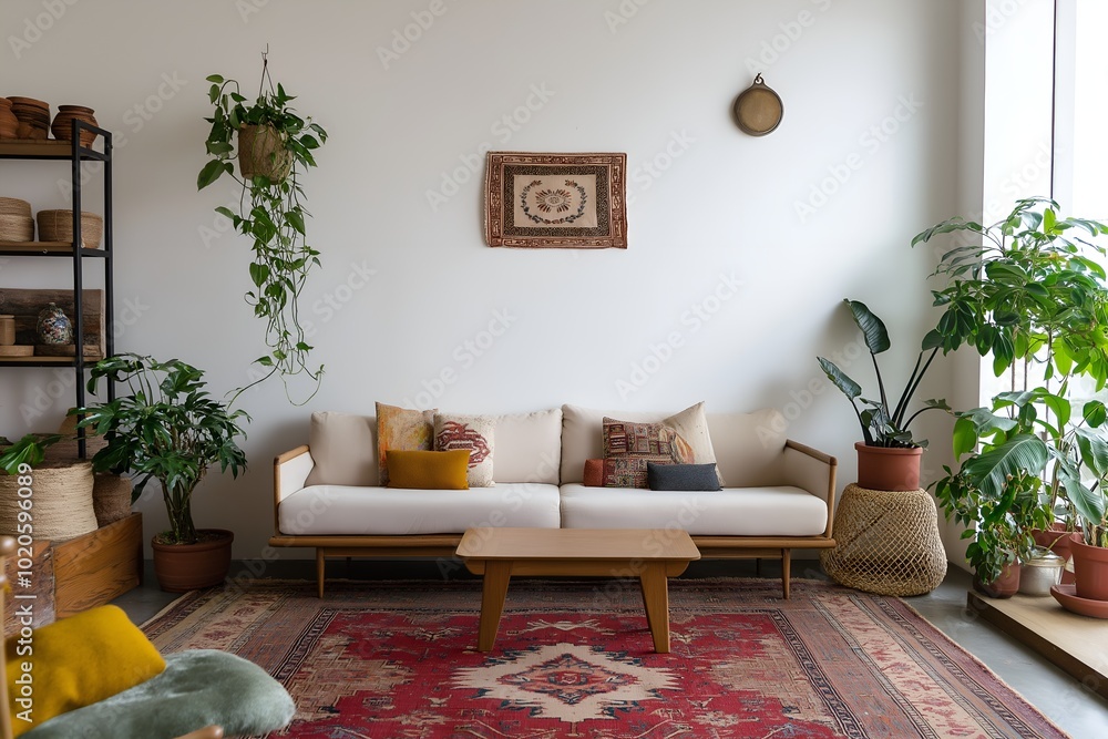 A Living Room With a Mix of Bold Patterns and Textures, Featuring a Velvet Sofa, Patterned Cushions, a Moroccan Rug, 3d Render Real Room Template, Wall Mockup A Living Room With a Mix of Bold Patterns and Textures, Featuring a Velvet Sofa, Patterned Cushions, a Moroccan Rug, 3d Render Real Room Template, Wall Mockup