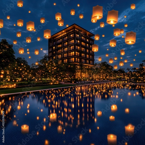 Yee Peng Festival: Thousands of Floating Fire Lanterns at Sansai Maejo University, Chiangmai, Thailand photo