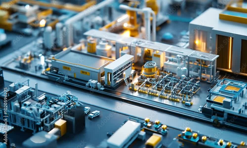 Detailed industrial facility model showcasing machinery and layout. Detailed industrial facility model showcasing machinery and layout.