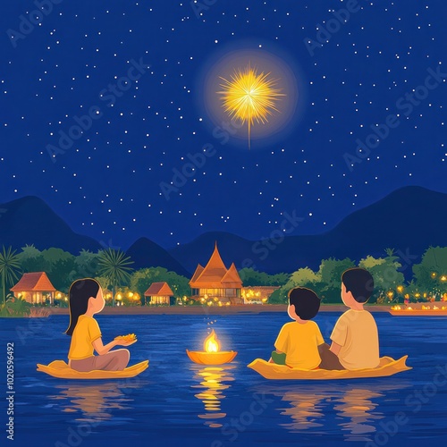 Loy Krathong Night Celebration with Handmade Floating Krathongs on Thailand River - Vector Illustration photo