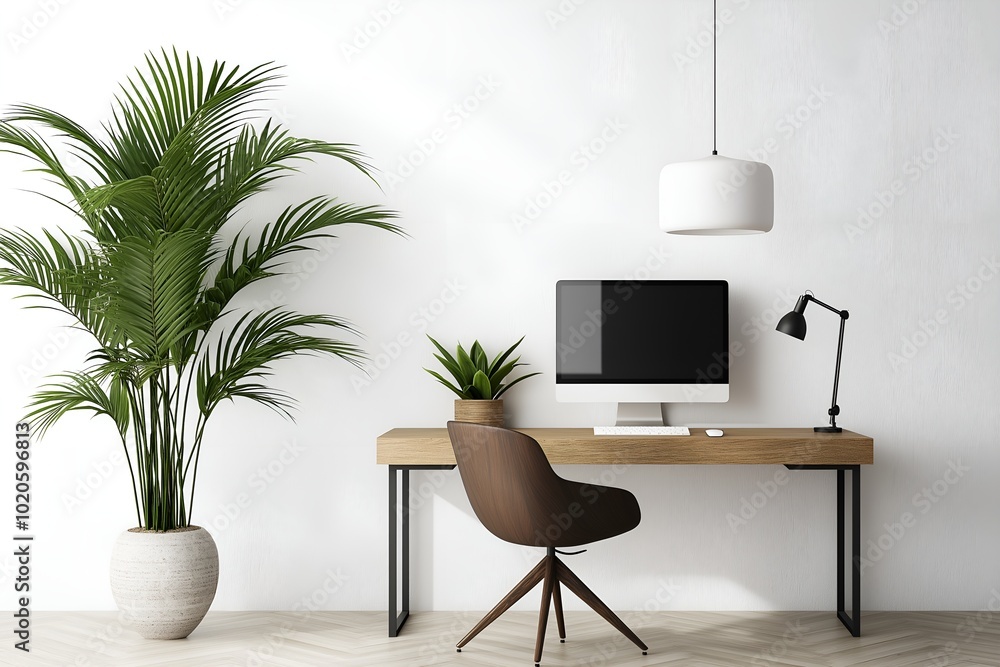 A Minimalist Home Office With a Simple Wooden Desk, a Sleek Chair, a Wall-mounted Monitor, and a Large Plant Adding a Touch of Greenery, 3d Render Real Room Template, Wall Mockup A Minimalist Home Office With a Simple Wooden Desk, a Sleek Chair, a Wall-mounted Monitor, and a Large Plant Adding a Touch of Greenery, 3d Render Real Room Template, Wall Mockup