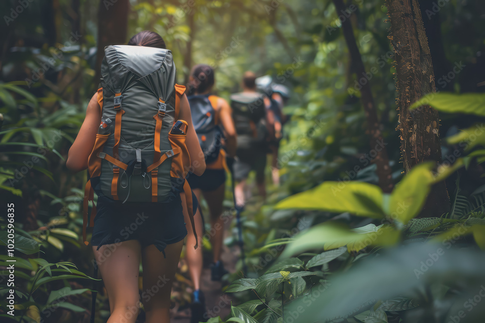 Fototapeta premium A group of hikers treks along a lush forest path. Explore the wonders of nature in summer.