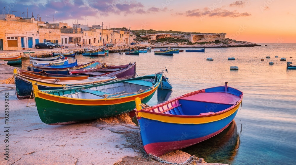 Fototapeta premium Colorful Fishing Boats Moored at a Shoreline Harbor at Sunset