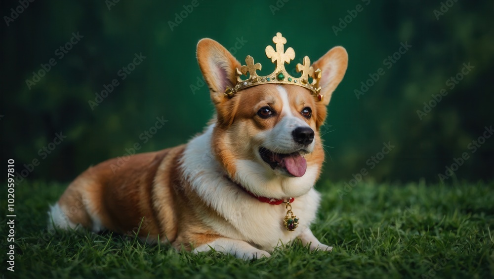 Pembroke Welsh Corgi with gold crown, tongue out, sitting in outdoor setting Pembroke Welsh Corgi with gold crown, tongue out, sitting in outdoor setting