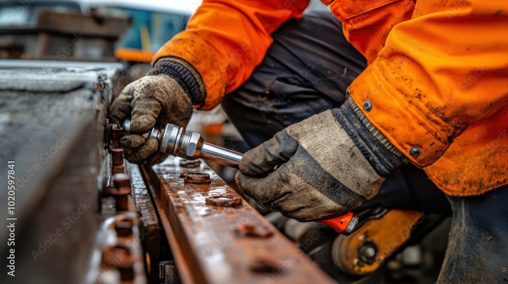 Close-up of a Mechanic's Hands Using a Wrench to Tighten a Bolt on a Machine Close-up of a Mechanic's Hands Using a Wrench to Tighten a Bolt on a Machine