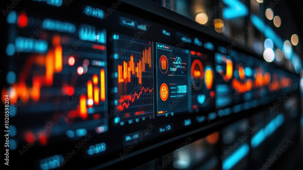 A close-up view of a screen displaying data and charts with blurred lights in the background. A close-up view of a screen displaying data and charts with blurred lights in the background.