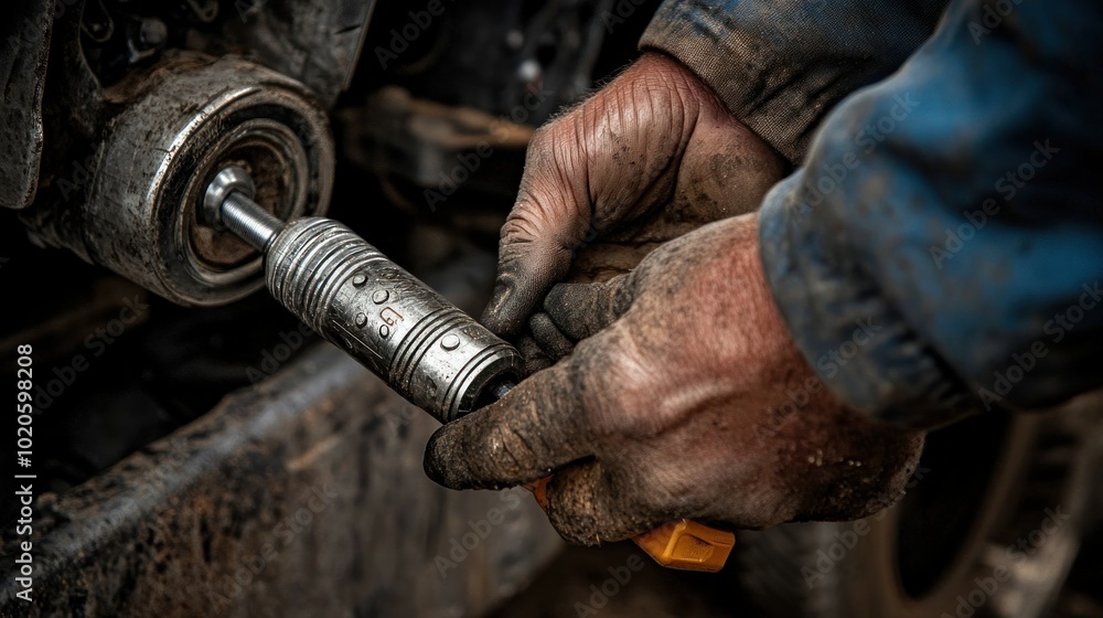 Close-up of a Mechanic's Hands Using a Tool on a Machine Close-up of a Mechanic's Hands Using a Tool on a Machine