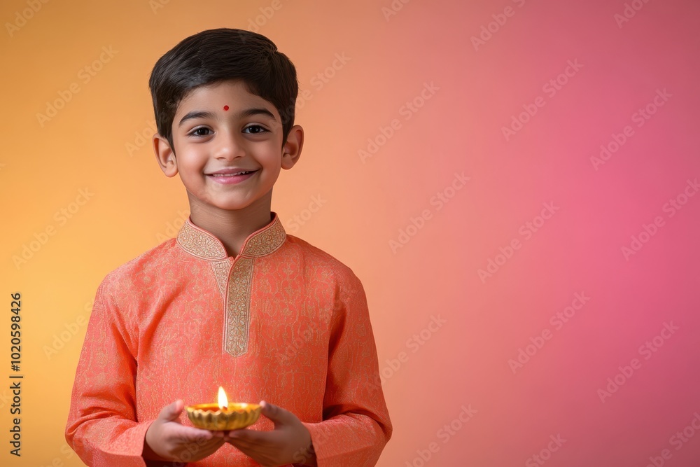 Portrait of a young Indian boy in a warm coral kurta, standing with a diya and smiling, with a coral to peach gradient glowing backdrop, Indian traditional Diwali festival, Diwali photoshoot Portrait of a young Indian boy in a warm coral kurta, standing with a diya and smiling, with a coral to peach gradient glowing backdrop, Indian traditional Diwali festival, Diwali photoshoot