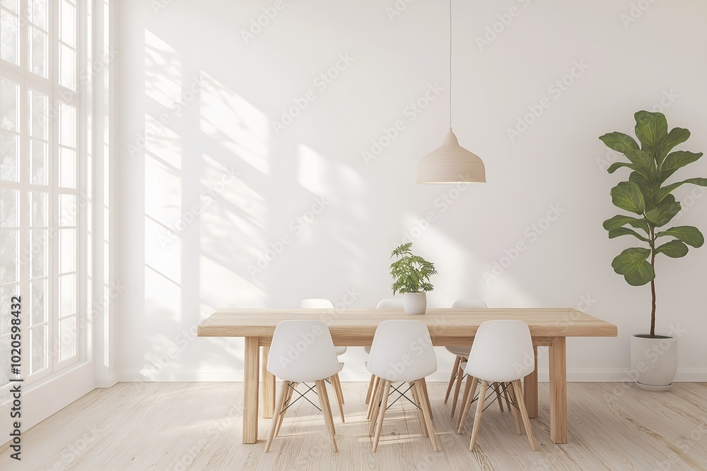Fototapeta premium A Scandinavian Dining Area With a Light Wood Table, Simple White Chairs, a Minimalist Pendant Light, and a Large Window Letting in Natural Light, 3d Render Real Room Template, Wall Mockup