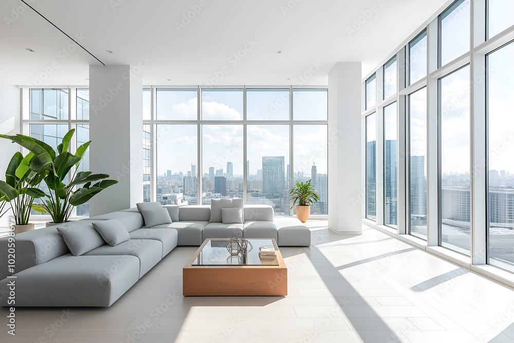 A Spacious Living Room With Large Floor-to-ceiling Windows, a Minimalist Gray Sectional Sofa, a Glass Coffee Table With a Geometric Design, 3d Render Real Room Template, Wall Mockup A Spacious Living Room With Large Floor-to-ceiling Windows, a Minimalist Gray Sectional Sofa, a Glass Coffee Table With a Geometric Design, 3d Render Real Room Template, Wall Mockup