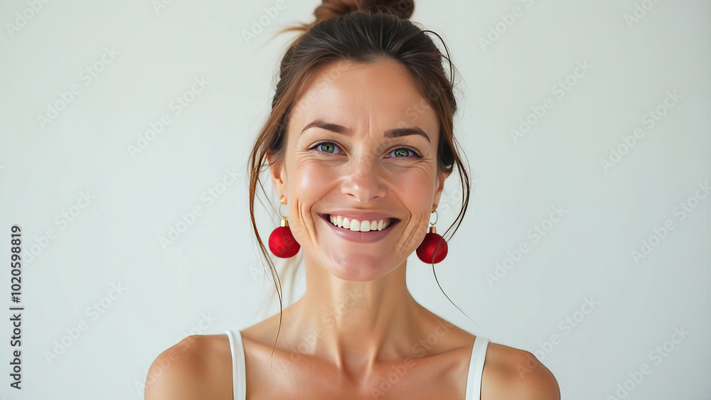 Closeup beauty portrait of a middle-aged woman with elegant Christmas makeup on her face and earrings shaped like Christmas baubles. Closeup beauty portrait of a middle-aged woman with elegant Christmas makeup on her face and earrings shaped like Christmas baubles.
