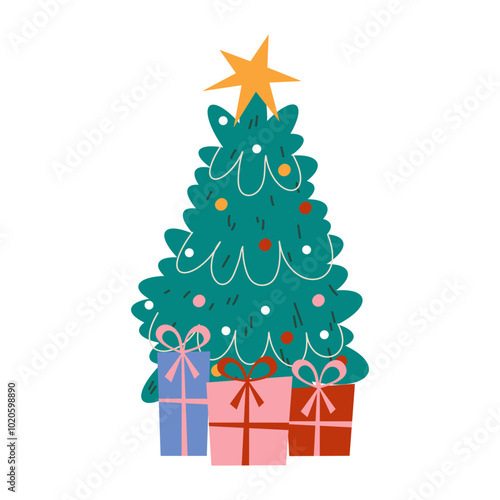 Flat vector Christmas tree in cartoon style with gift boxes.  Xmas tree with festive balls. Christmas holiday fir decorated with winter decoration. Illustration isolated on white background