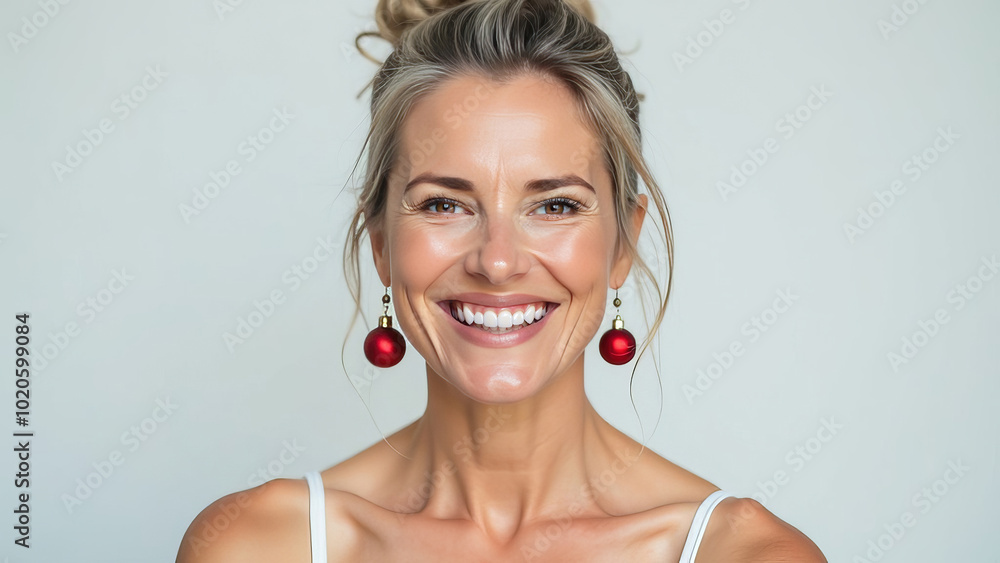 Beauty portrait of a mature woman with red earrings like Christmas baubles. Beauty portrait of a mature woman with red earrings like Christmas baubles.