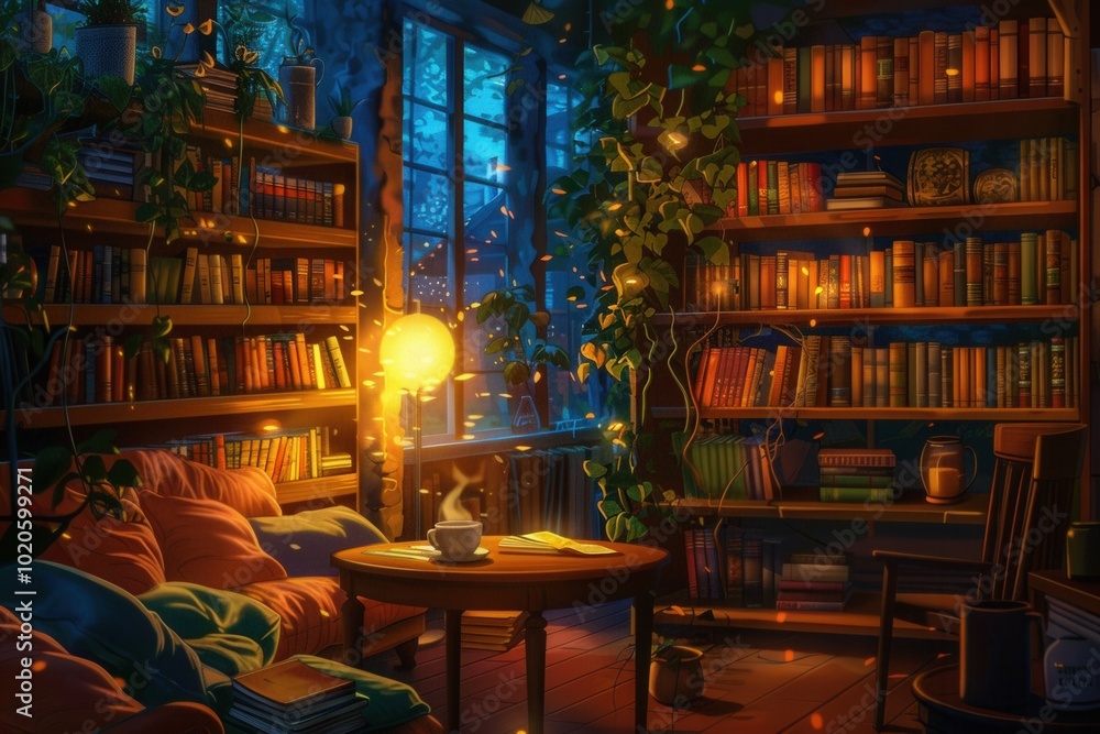 A warm corner in a book cafe features shelves filled with books, a glowing lamp, and a cup of coffee, creating a peaceful ambiance. Generative AI A warm corner in a book cafe features shelves filled with books, a glowing lamp, and a cup of coffee, creating a peaceful ambiance. Generative AI