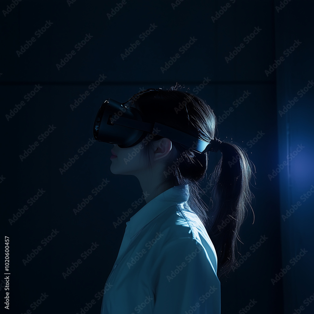 Woman Wearing a Virtual Reality Headset in a Dark Room, Immersed in a Futuristic Digital Experience Woman Wearing a Virtual Reality Headset in a Dark Room, Immersed in a Futuristic Digital Experience