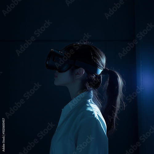 Woman Wearing a Virtual Reality Headset in a Dark Room, Immersed in a Futuristic Digital Experience