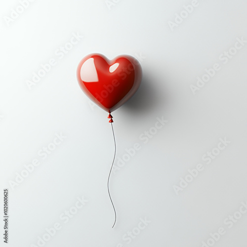 A single red heart-shaped balloon floats against a white background.