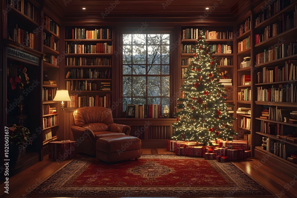 Cozy and Elegant Holiday Study with Bookshelves Christmas Tree and Soft Lighting Cozy and Elegant Holiday Study with Bookshelves Christmas Tree and Soft Lighting