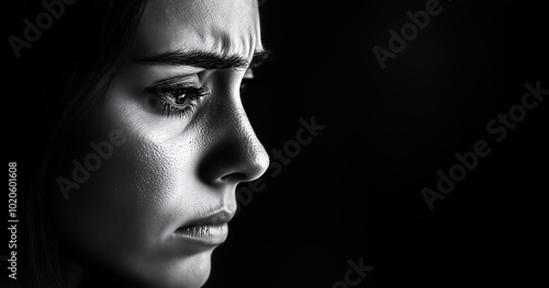 Black and White Close-Up Portrait of a Woman with an Emotional and Pensive Expression