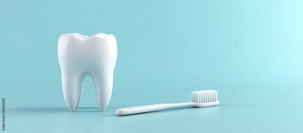 White Tooth Model and Toothbrush Against Blue Background for Dental Care Concept White Tooth Model and Toothbrush Against Blue Background for Dental Care Concept