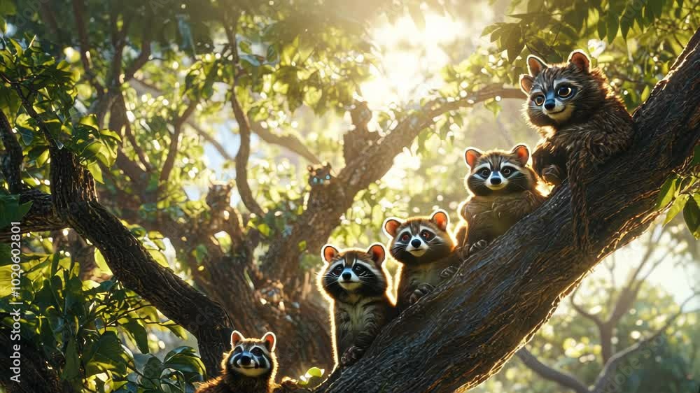 A group of cute, cartoonish raccoons perched on a tree branch in a sunlit forest.