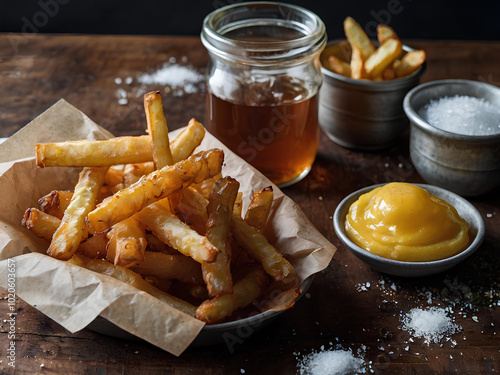 Classic crinkle-cut French fries fried to perfection, paired with a side of malt vinegar and a sprinkle of sea salt. photo