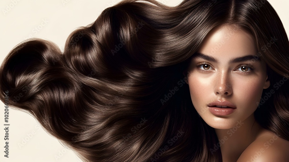 Obraz premium Luxurious Dark Brown Wavy Hair Flowing on Neutral Background - Beauty and Haircare Concept.