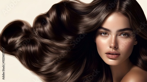 Luxurious Dark Brown Wavy Hair Flowing on Neutral Background - Beauty and Haircare Concept. photo