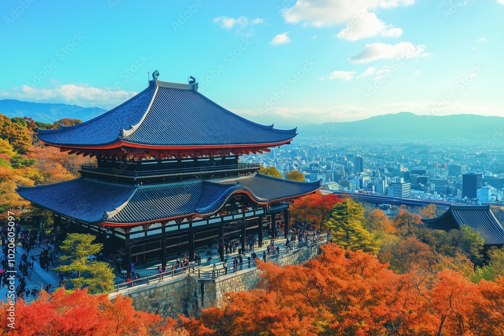 Traditional Japanese Temple in Autumn Cityscape.
Traditional Japanese Temple in Autumn Cityscape.