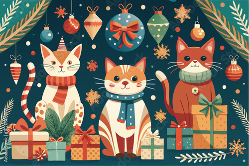 Festive beautiful Christmas cat decorations illustration
