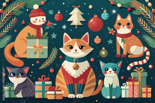 Festive beautiful Christmas cat decorations illustration