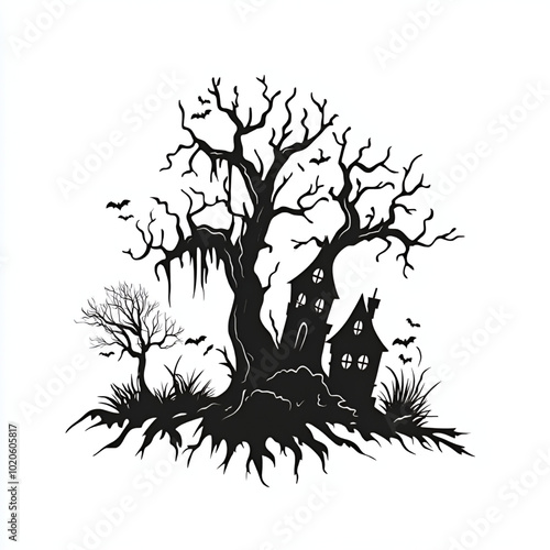 Spooky silhouette of a haunted house and a tree with bats flying overhead.