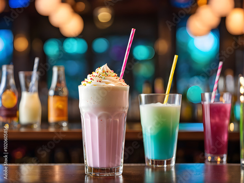 Colorful milkshakes in glasses on bar counter in night club photo