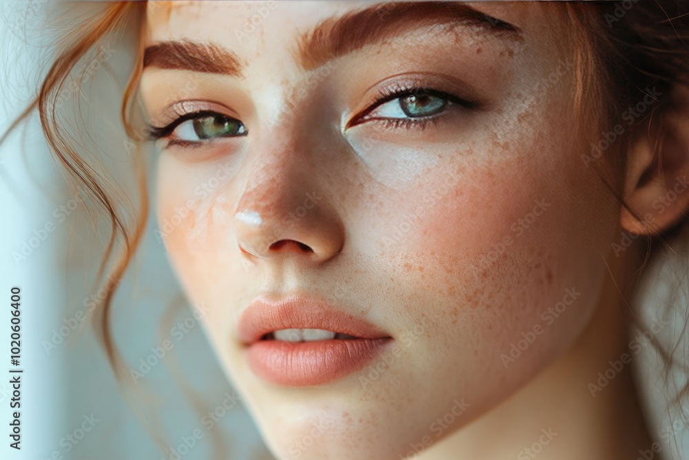 Close-up of a woman's face with freckles. Perfect for beauty, skincare, or natural beauty projects. Close-up of a woman's face with freckles. Perfect for beauty, skincare, or natural beauty projects.
