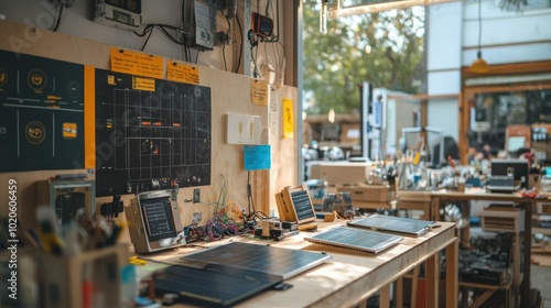 Three Solar Panels on a Wooden Table in a Workshop