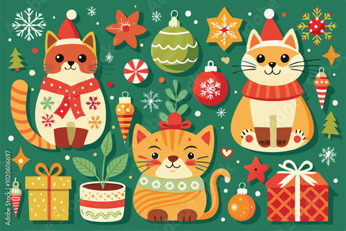 Festive Christmas cat decorations illustration