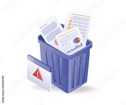 Data warning in trash isometric illustration