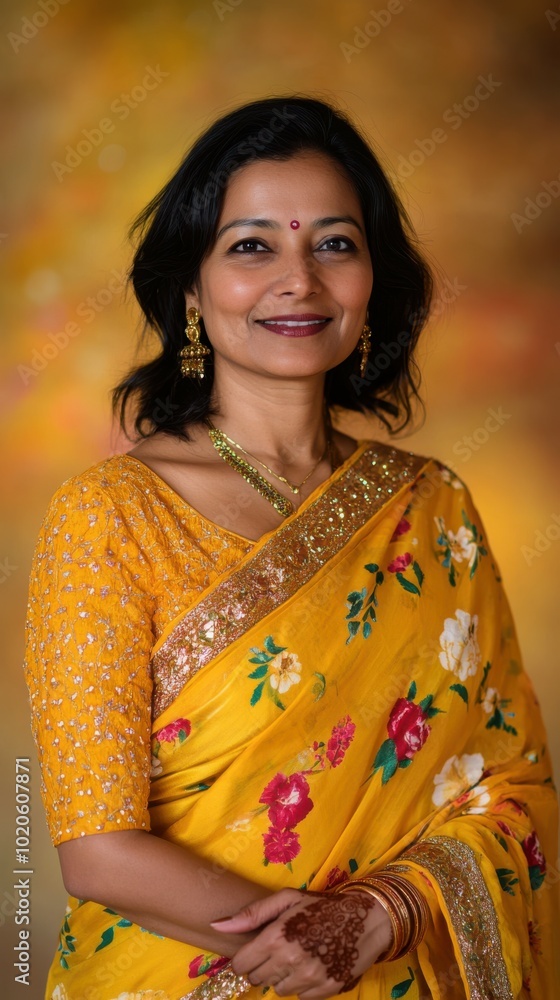 Portrait of Indian woman in bright yellow saree with floral patterns, greeting guests with a warm smile, with a yellow to soft orange gradient glowing backdrop, Indian traditional Diwali festival Portrait of Indian woman in bright yellow saree with floral patterns, greeting guests with a warm smile, with a yellow to soft orange gradient glowing backdrop, Indian traditional Diwali festival