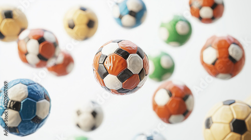 A bunch of colorful soccer balls are flying through the air. The balls are of different colors and sizes, creating a vibrant and lively atmosphere. Concept of fun and excitement