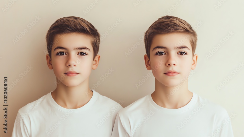 Twin boys looking at the camera with matching white shirts. Twin boys looking at the camera with matching white shirts.