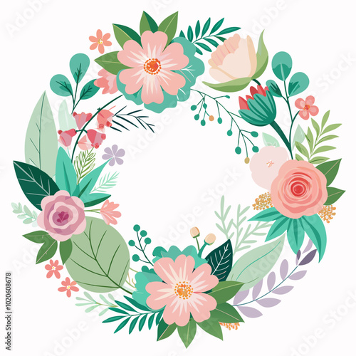 Floral Frame with Colorful Flowers and Leaves in a Circular Design