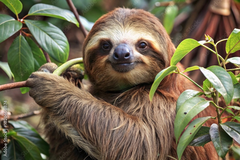 Illustrate a sloth hanging from a tree branch, blending in with the foliage while munching on leaves.
Illustrate a sloth hanging from a tree branch, blending in with the foliage while munching on leaves.