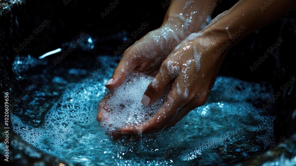 Fototapeta premium Hands washing with soap and water. Use for hygiene or cleanliness related content.