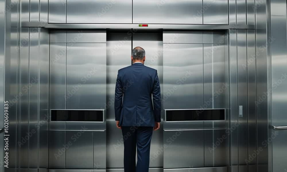 A businessman standing in front of an elevator A businessman standing in front of an elevator