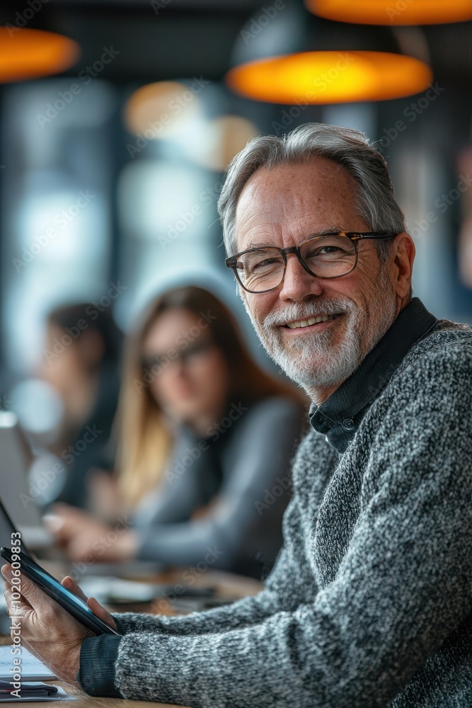 Happy senior man with eyeglasses smiling warmly in a cozy cafe environment with blurred background, exuding confidence and wisdom Happy senior man with eyeglasses smiling warmly in a cozy cafe environment with blurred background, exuding confidence and wisdom
