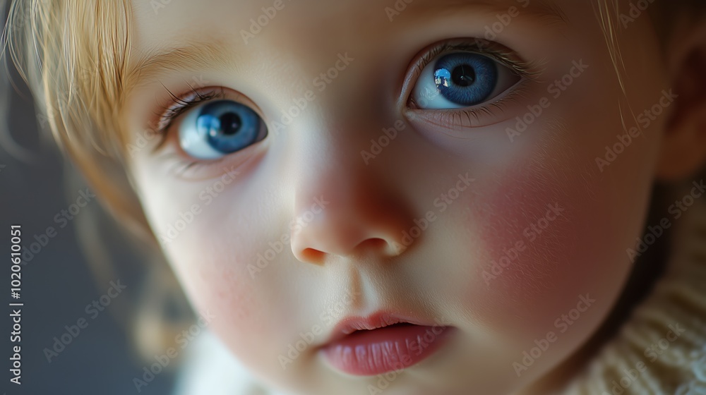 A close-up of a child's captivating blue eyes highlighting innocence and curiosity during a soft-lit afternoon indoors