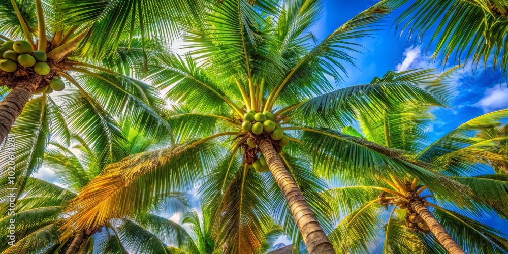 Fototapeta premium Immerse yourself in macro photography featuring tropical coconut palm trees, revealing the intricate details and vibrant textures of nature’s beauty in stunning perspectives.